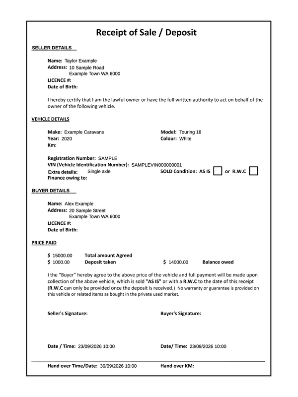 Caravan Sale Receipt editable example