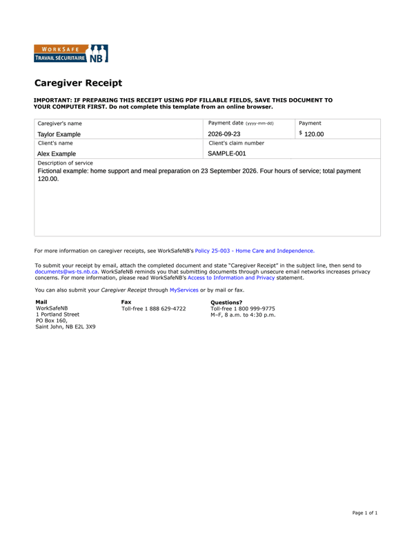 Caregiver Receipt editable example