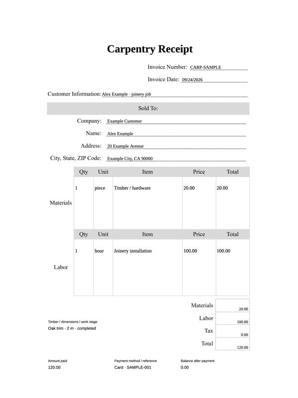 Carpentry Receipt editable example