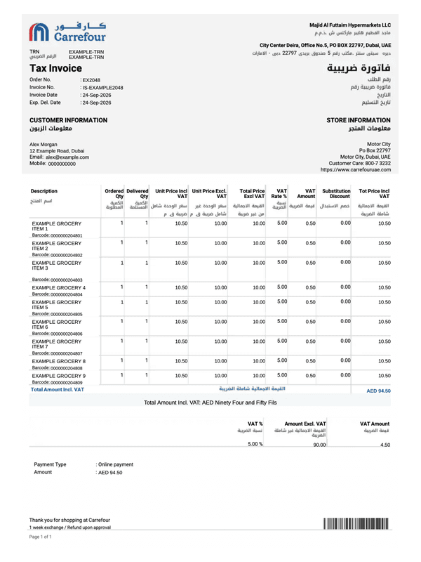 Carrefour UAE Online Tax Invoice editable example