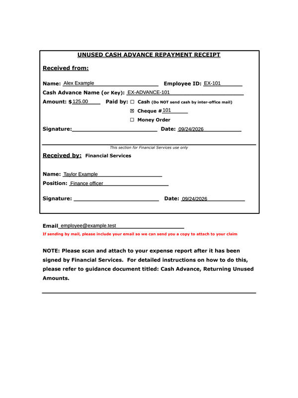 Unused Cash Advance Return Receipt editable example
