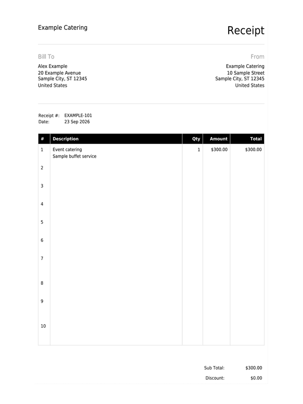 Catering Receipt editable example