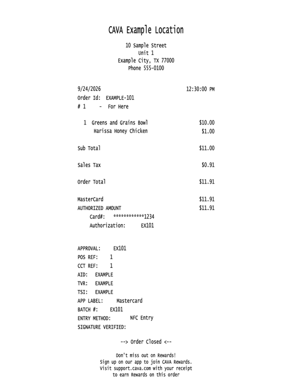 CAVA Receipt editable example