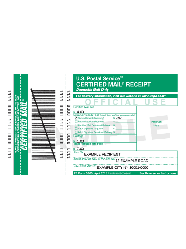 USPS Certified Mail Receipt editable example