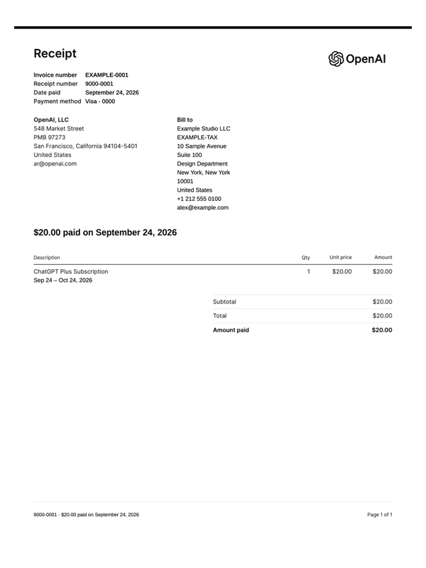 ChatGPT Plus Subscription Receipt editable example