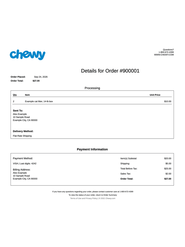 Chewy Order Invoice editable example
