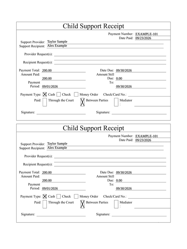 Child Support Receipt editable example