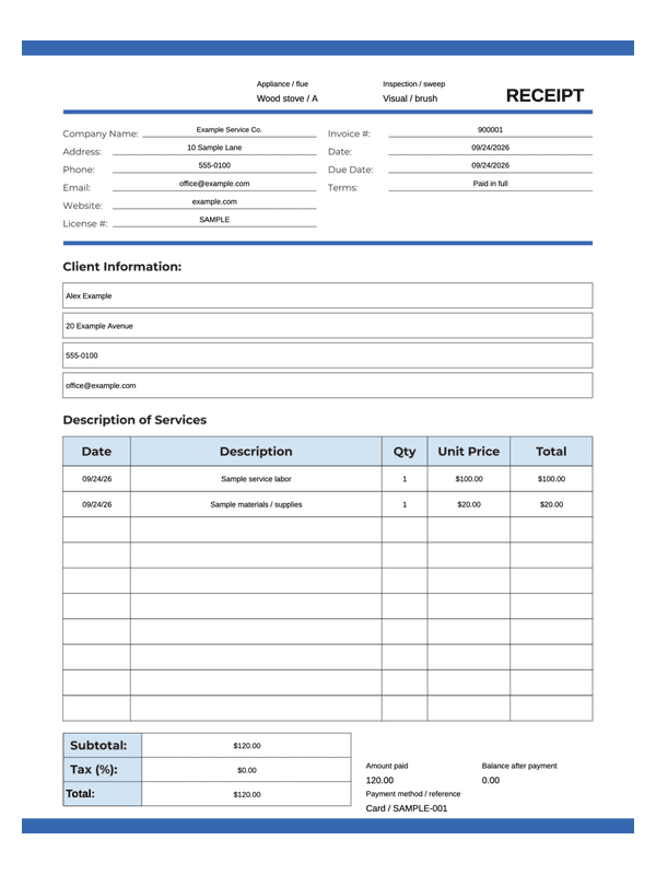 Chimney Sweep Receipt editable example