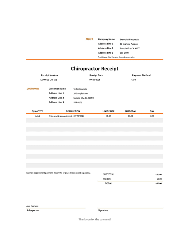 Chiropractic Receipt editable example