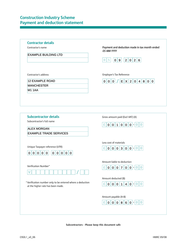CIS Payment and Deduction Statement editable example