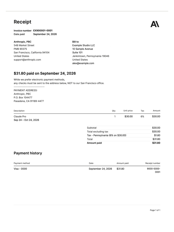Claude Pro Receipt editable example