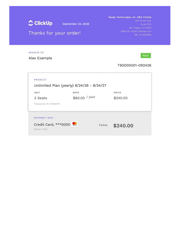 ClickUp Subscription Invoice editable example