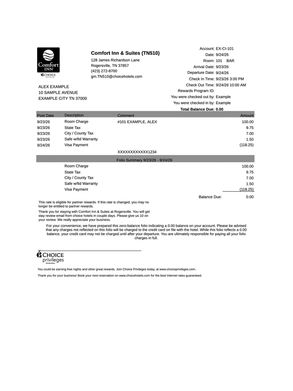 Comfort Inn Guest Folio editable example
