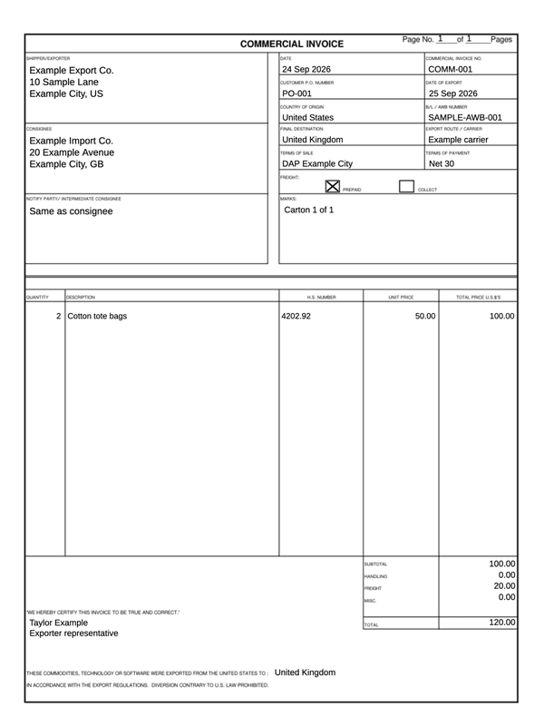 Commercial Invoice editable example