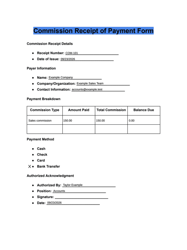 Commission Payment Receipt editable example