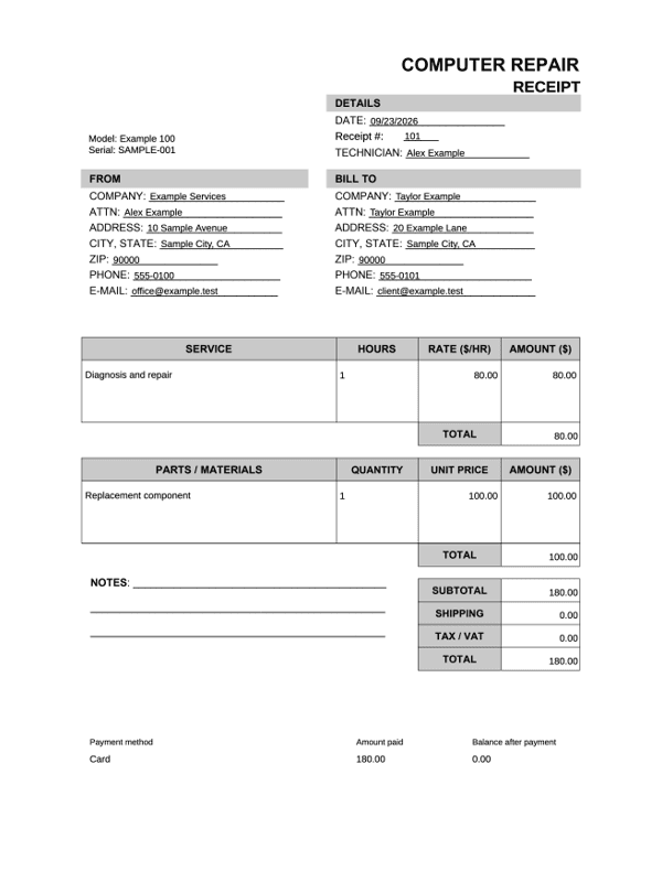 Computer Repair Receipt editable example
