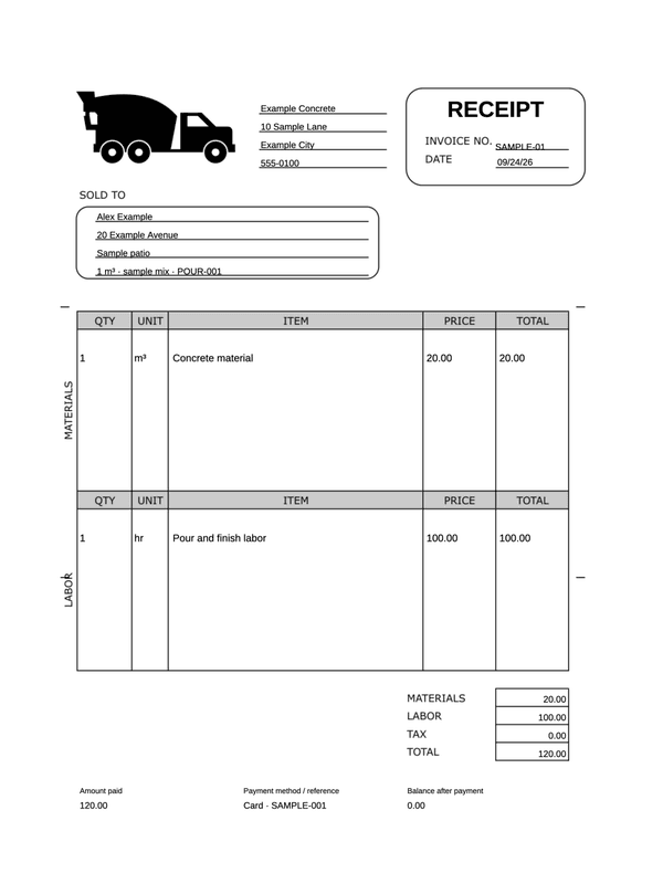 Concrete Work Receipt editable example