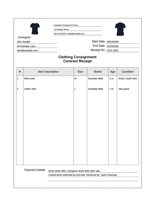 Consignment Receipt editable example