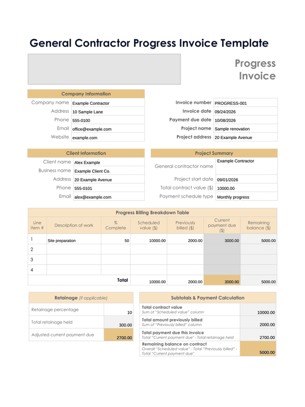 Construction Progress Invoice editable example