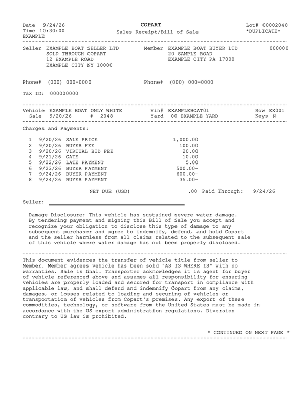 Copart Sales Receipt and Bill of Sale editable example