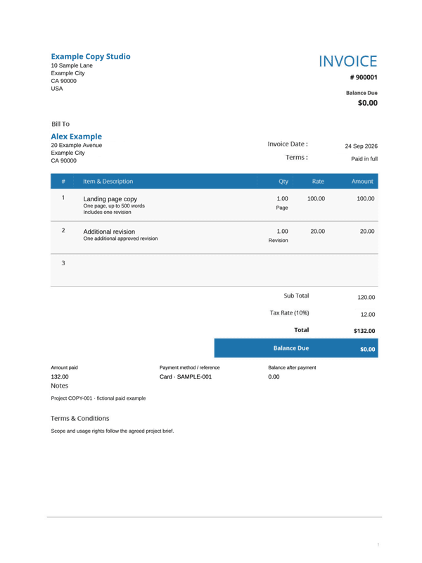 Copywriting Receipt editable example