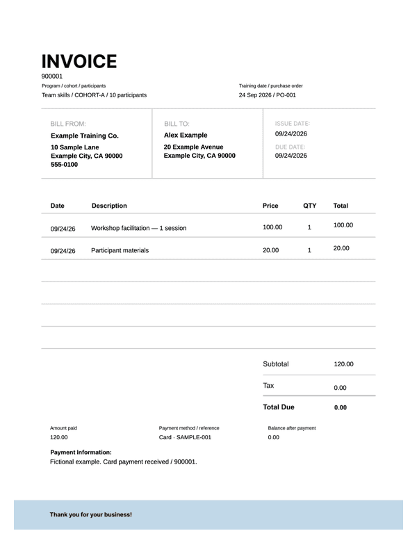 Corporate Training Receipt editable example