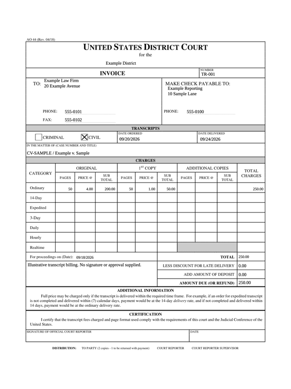 Court Reporter and Deposition Invoice editable example