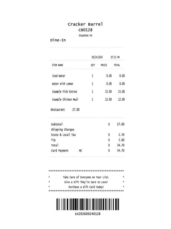 Cracker Barrel Receipt editable example