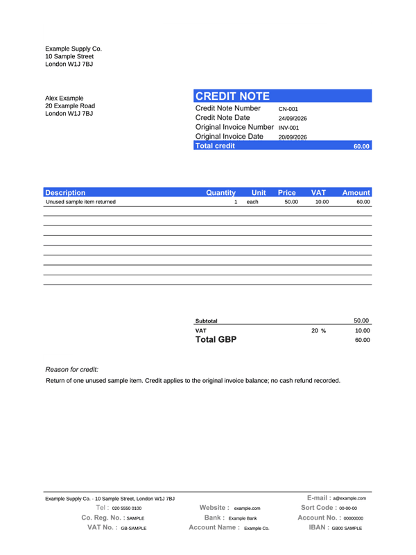 Credit Note editable example