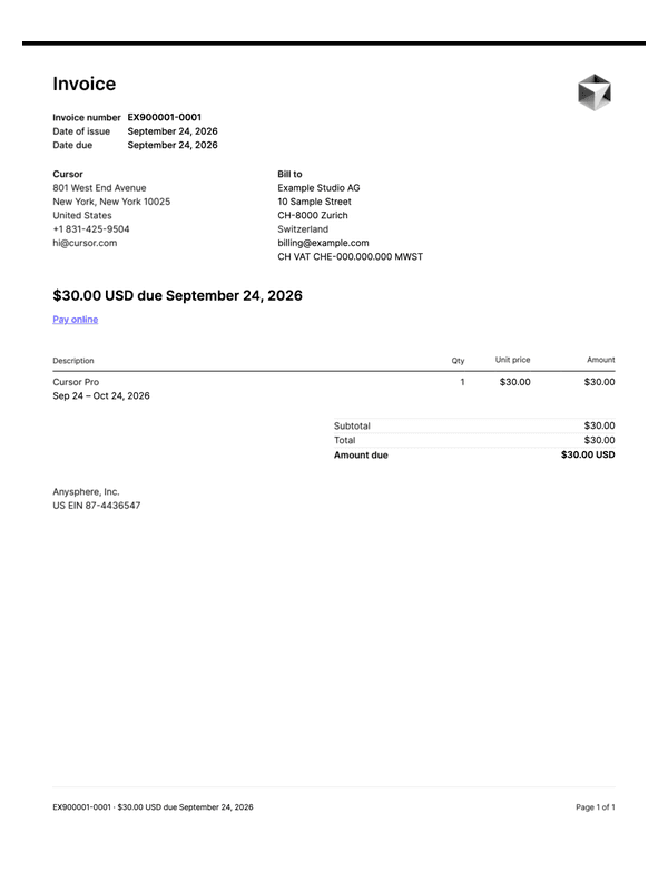 Cursor Pro Invoice editable example