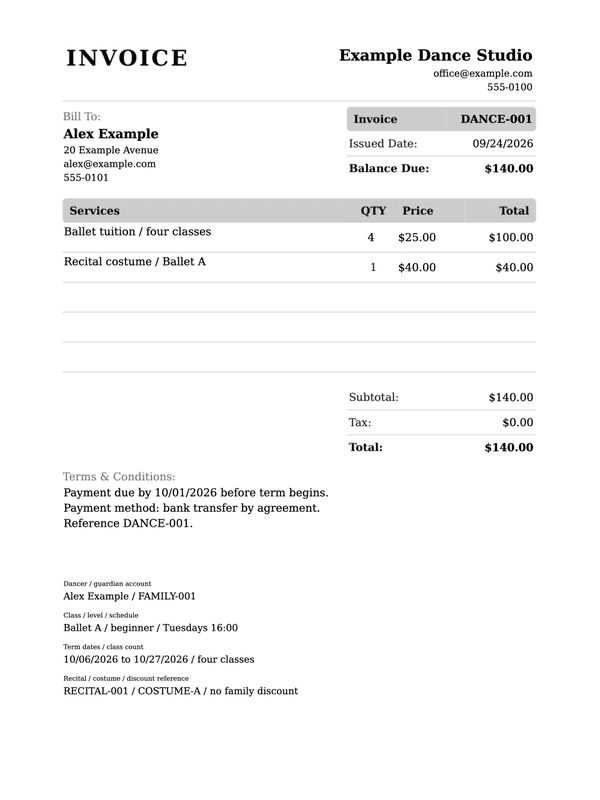 Dance Tuition Invoice editable example