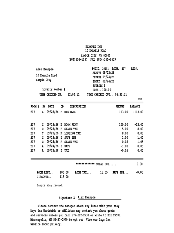 Days Inn Receipt editable example