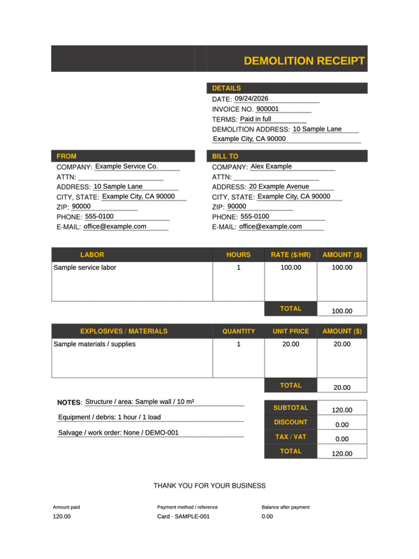 Demolition Receipt editable example