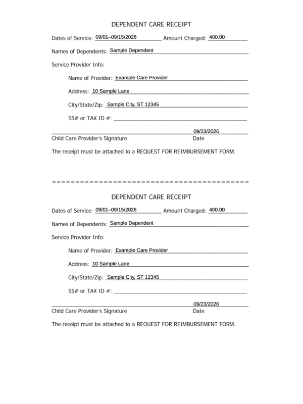 Dependent Care Provider Receipt editable example