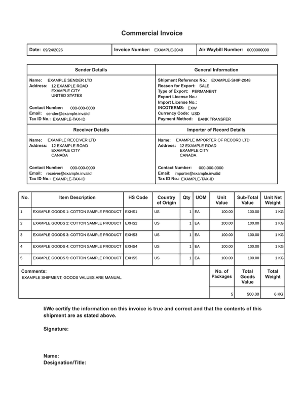 DHL Commercial Invoice editable example