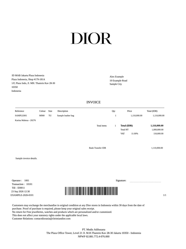 Dior Receipt — example receipt