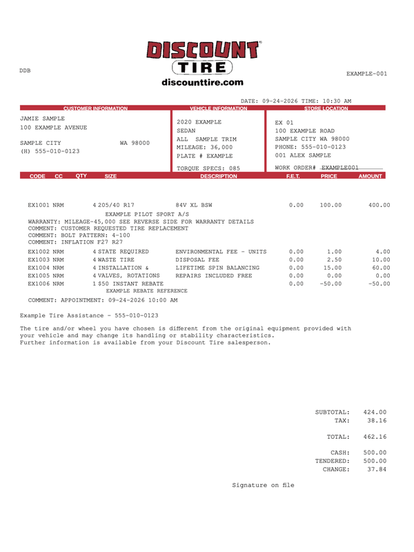 Discount Tire Service Receipt editable example