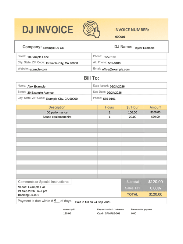 DJ Service Receipt editable example