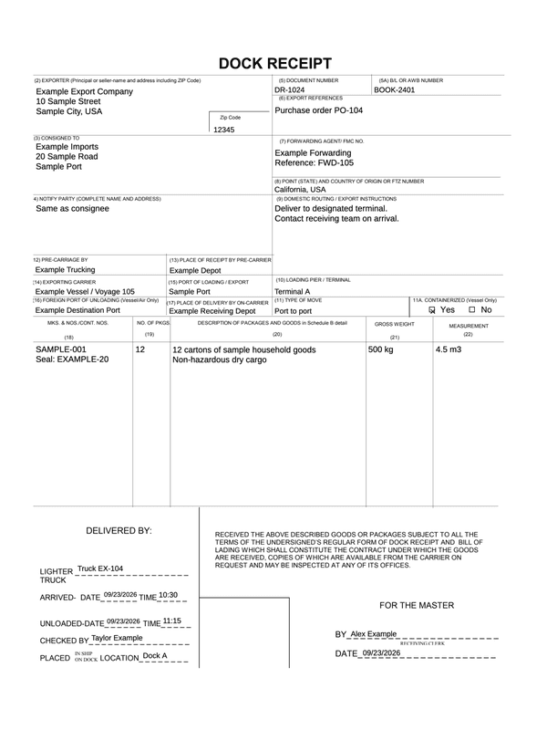 Dock Receipt editable example
