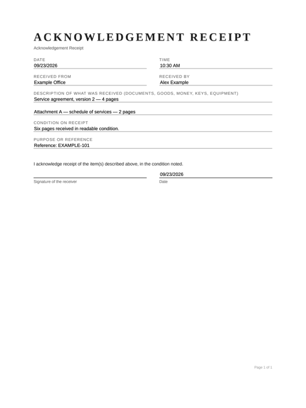 Document Receipt Acknowledgment editable example