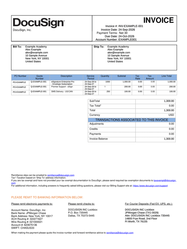 DocuSign Subscription Invoice editable example