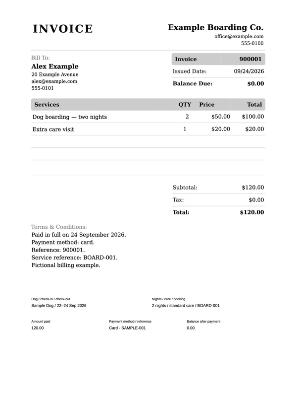 Dog Boarding Receipt editable example