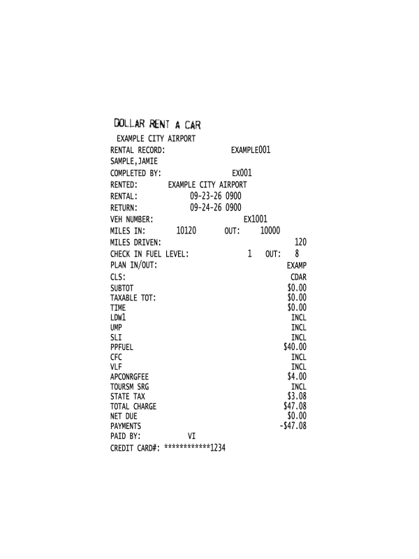 Dollar Rent A Car Rental Receipt editable example
