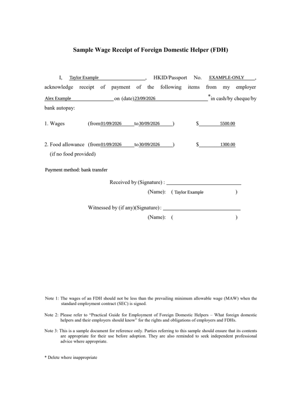 Domestic Helper Salary Receipt editable example
