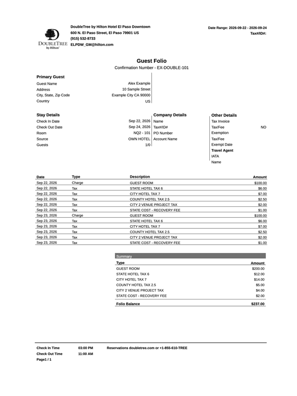 DoubleTree Guest Folio editable example