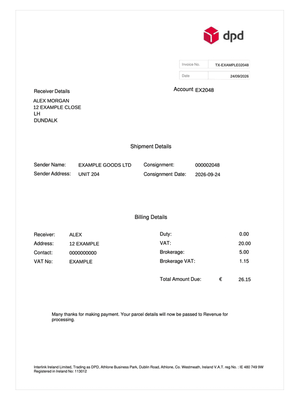 DPD Customs Payment Receipt editable example