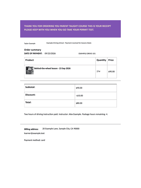 Driving School Receipt editable example