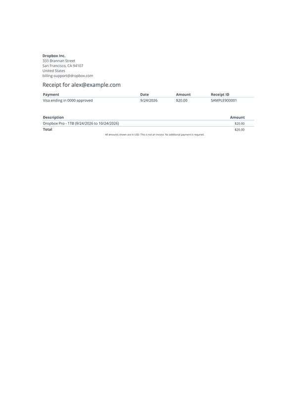Dropbox Subscription Receipt editable example