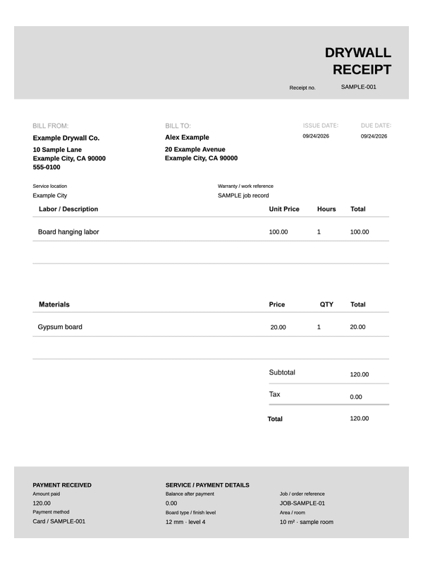 Drywall Installation Receipt editable example