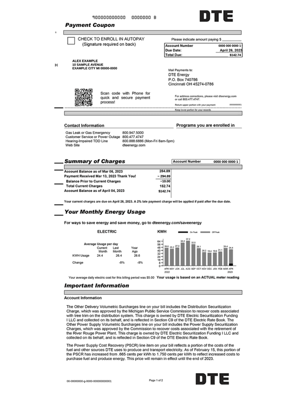 DTE Energy Electricity Bill editable example